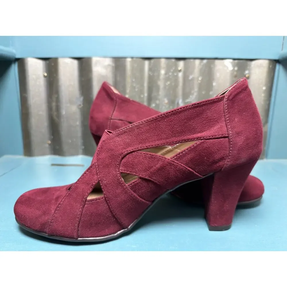 Aerosoles Rigmarole Burgundy Faux Suede Cutout Block Heel Pumps Womens 9M Retro